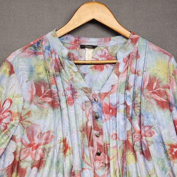 Cocomo Woman Top 3X Floral Popover 3/4 Roll Tab Sleeve Assymetric Hem Stretch - Picture 6 of 10